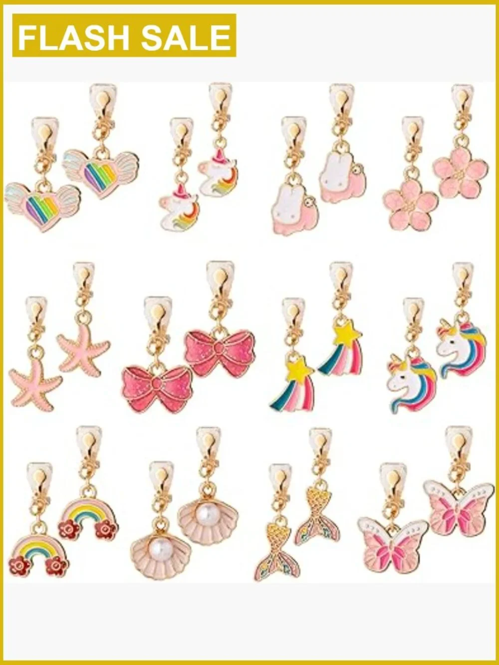 12 Pairs Kids Clip-on Earrings - Cute Unicorn Designs, Non-Pierced Dress Up